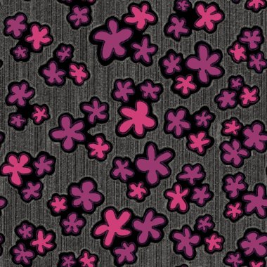 Minyatür fuşya, pembe, mor renk çiçekleri olan modaya uygun kumaş deseni. Siyah grunge dokusunda moda tasarımı. Motifler rastgele dağılmış. Moda baskıları, tekstil, kumaş, ambalaj kağıdı için zarif bir şablon.