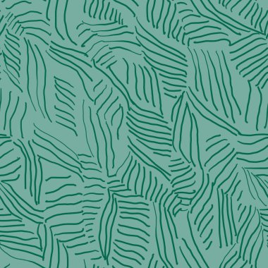 Kesişen çizgilere sahip geometrik dikişsiz desen benzer çizgili bitki yaprakları. Modern stil soyut yeşil dokular. Moda kumaşı, tekstil, ev dekorasyonu ve kart için desenli yapraklarla süslenmiş desenler.