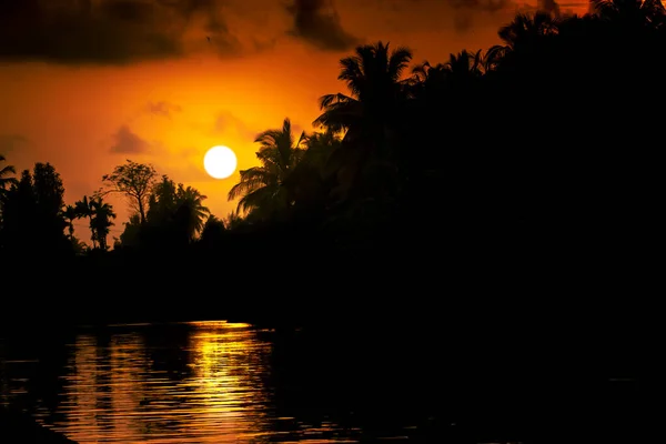 Dissappear Process Sun Sunset Its Shadow Water Silhouette Trees Sunset — Stockfoto