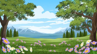 Nature landscape with forest, meadow and mountain on sunny day