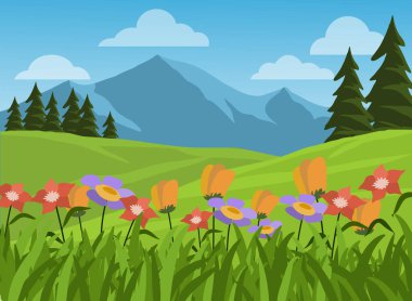 Vector mountain and meadow illustration with flowers