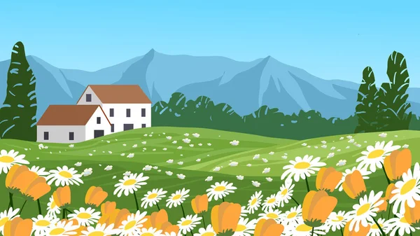 Vector countryside illustration with houses, mountain and meadow