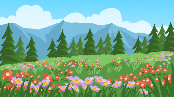 Vector nature landscape with mountain, pine trees, flowers and meadow