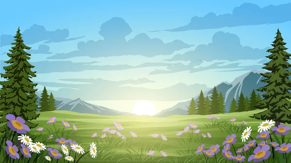 Morning sunrise vector landscape with flowers, grass, trees and mountain