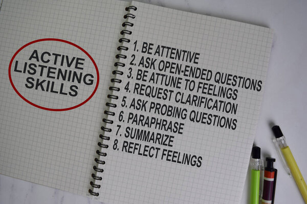 Active Listening Skills write on a book with keyword isolated on Wooden Table.