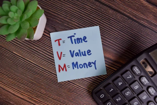 Tvm Time Value Money Write Tick Notes Wooden Table — 스톡 사진