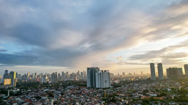 Vedere Aeriană Jakarta Central Business District Împușcat Dronă Răsăritul Soarelui — Fotografie, imagine de stoc