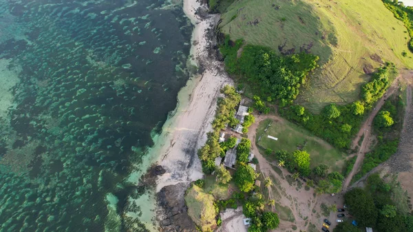 Vista Aérea Tanjung Aan Ilha Tropical Com Praia Areia Mar — Fotografia de Stock