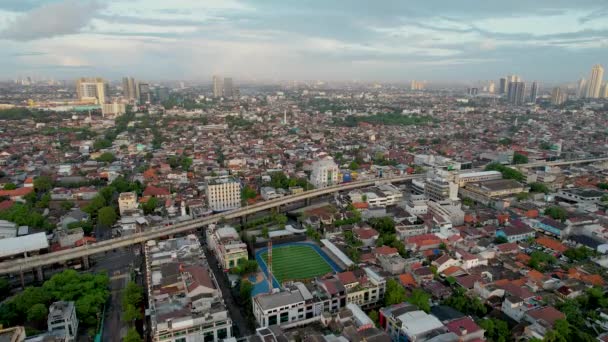 Vista Aérea Del Nuevo Estadio Fútbol Bri Brilian Stadium Yakarta — Vídeos de Stock