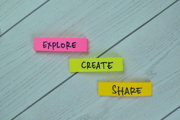 Concept of Explore Create Share write on sticky notes isolated on Wooden Table.