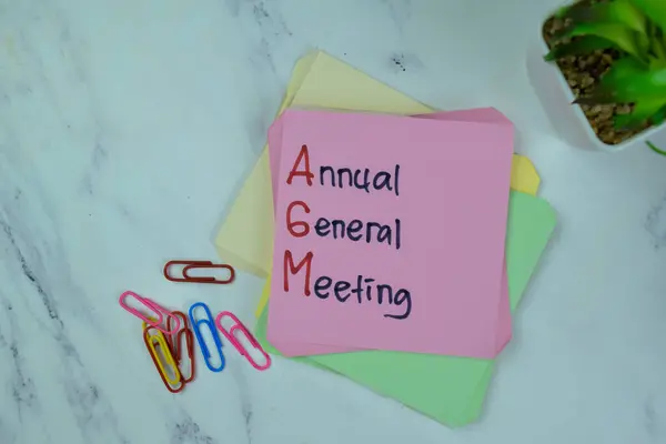 Concept Agm Annual General Meeting Write Sticky Notes Isolated Wooden — Zdjęcie stockowe