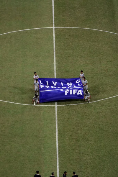 Soccer Referee Gray Shirt Field Holding Flag Text Living Football — 스톡 사진