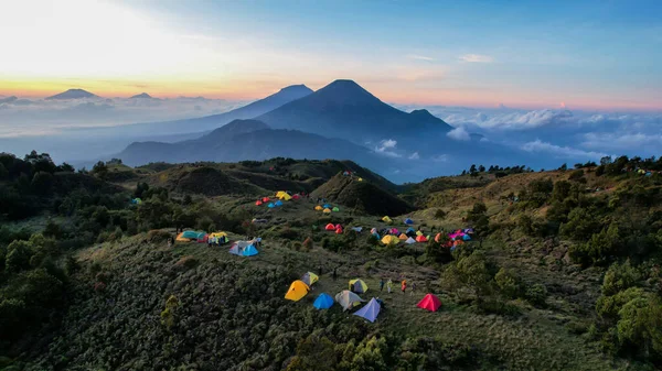 Vista Aérea Los Picos Belleza Las Montañas Prau Dieng Java — Foto de Stock