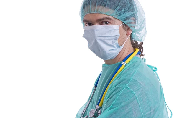 Médico caucasiano sobre fundo branco — Fotografia de Stock