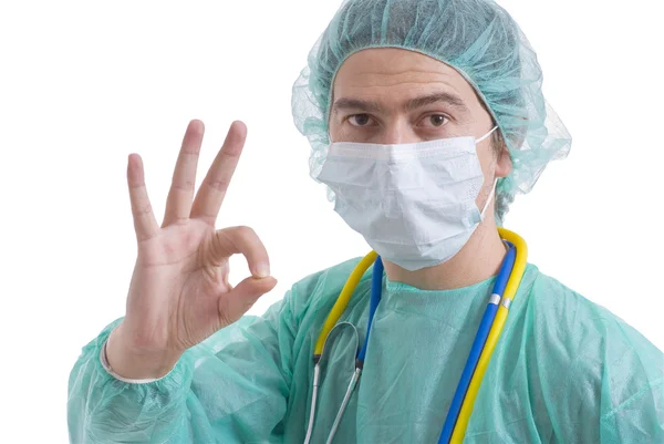 Cirurgião caucasiano sobre fundo branco — Fotografia de Stock