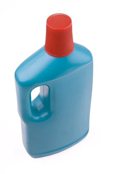 Blauwe plastic fles van dettergent op witte achtergrond — Stockfoto