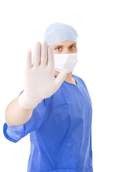 Doutor com a mão aberta no fundo branco — Fotografia de Stock