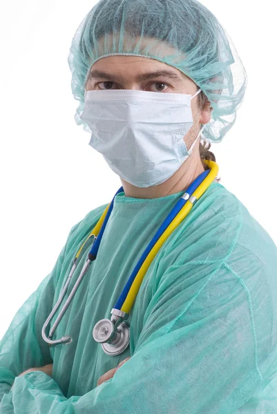 Kaukasischer Arzt auf weißem Hintergrund — Stockfoto