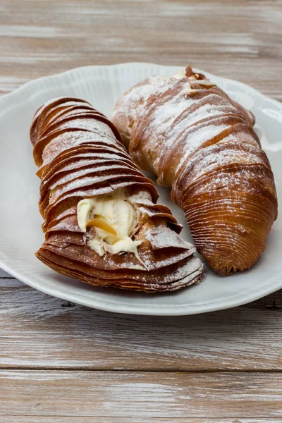 Sweet Lobster Tails Cream White Serving Plate Italian Pastry Isolated — стоковое фото