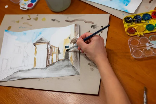 Närbild Akvarell Målning Process Borsta Handen Ovanför Målningen Färgglada Medeltida — Stockfoto