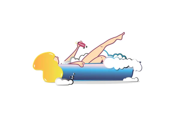 Blonde Girl Bathes Bathtub Soapy Foam — Stock Photo, Image