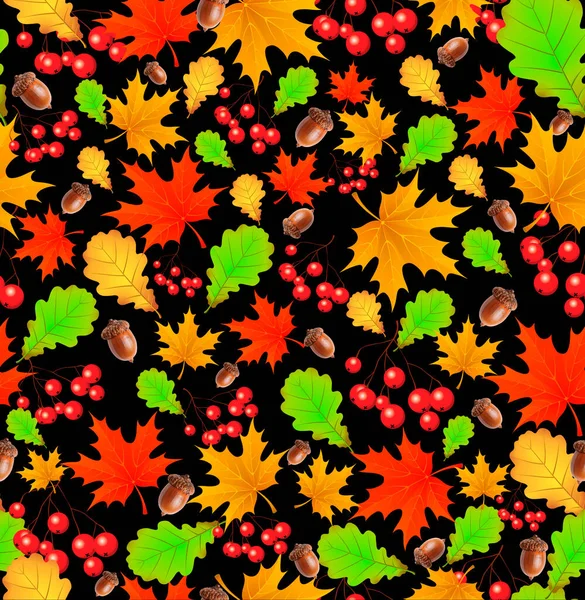 Pattern Autumn Leaves Acorns Black Background — Stock Photo, Image