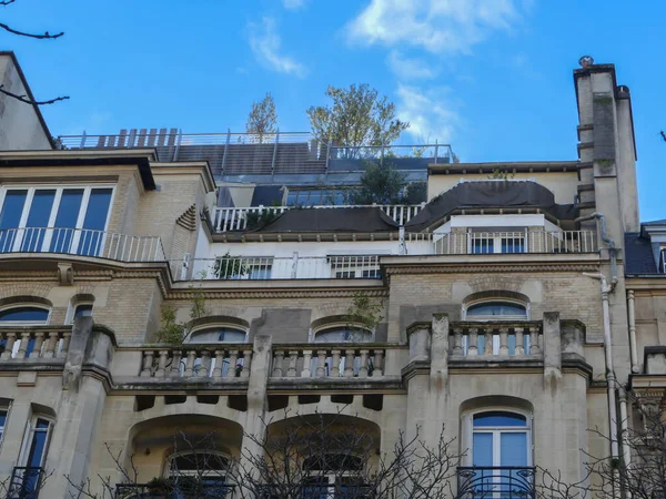 Paris France January 2022 Haussmannian Building Plants Trees Balconies Building — стоковое фото