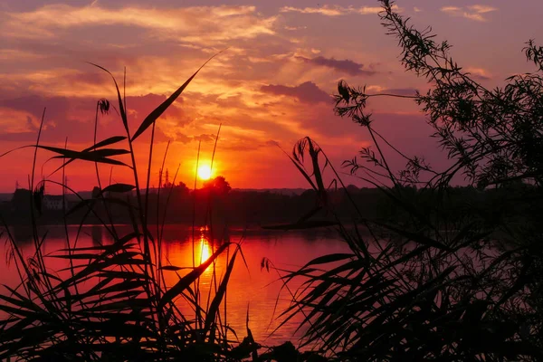 Amazing Sunrise Sunset Rural Scene Sunlight Water Lake Dramatic Sky — Stockfoto