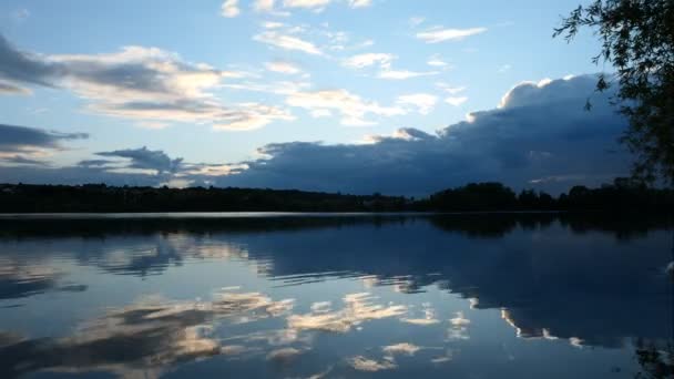 Sunset Water Passage Clouds Lake Rural Timelapse Vegetation Horizon — Stockvideo