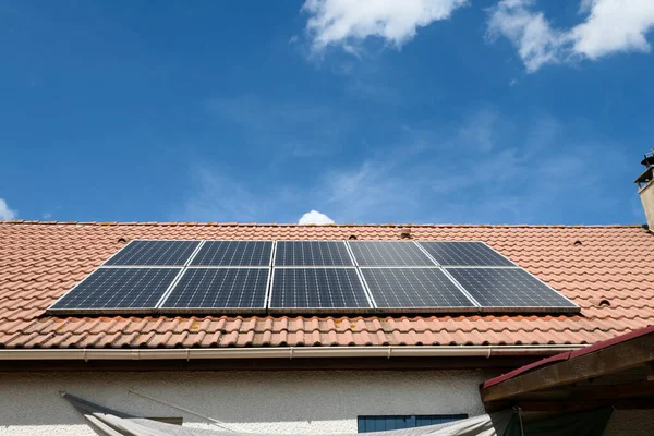 Photovoltaic Panels Installed Roof House Solar Panels House Stockbild