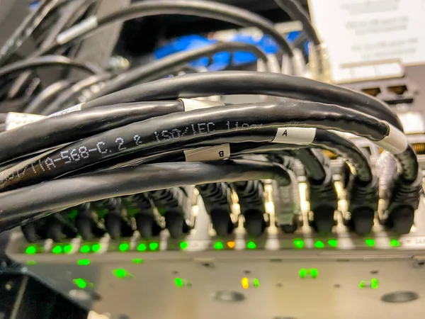 Ethernet Cables Connected Network Equipment Green Lights Data Center — Stok Foto