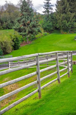 Yeşil alan arka planında ahşap çit.