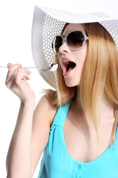 Woman In Sunhat Isolated — Stock Photo, Image