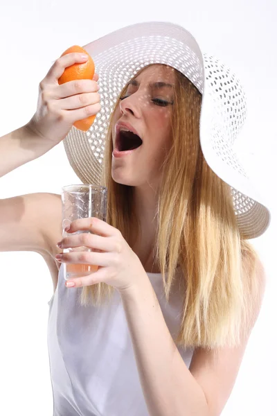 Girl with fresh grapefruit — Stock Photo, Image