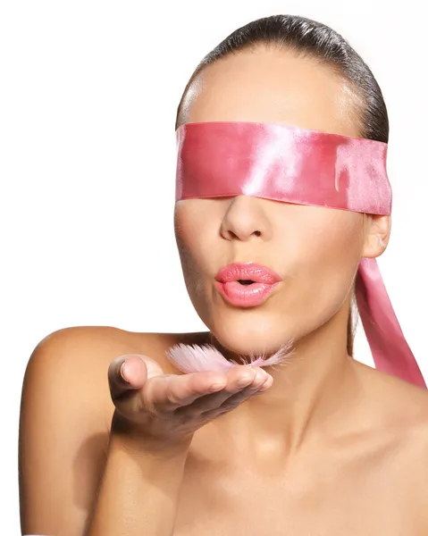 Beautiful cosmetic woman clean portrait, with red tape in eyes — Stock Photo, Image