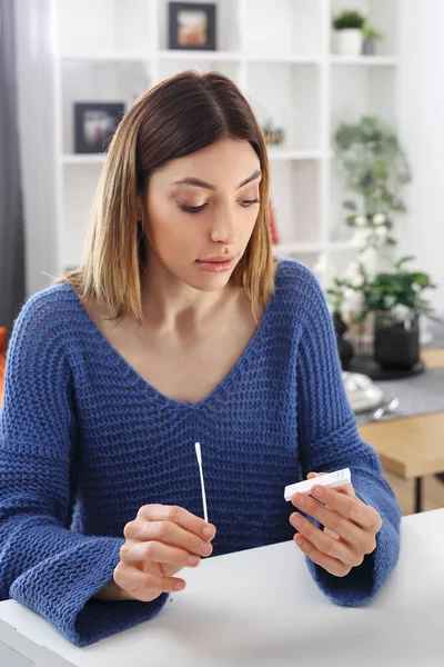 Covid Home Test Takes Swab Nose Woman Taking Home Quick — Stock Photo, Image