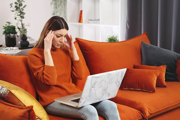 Burnout Stress Online Work Headache Fatigue Young Woman Orange Sweater — Stock Photo, Image