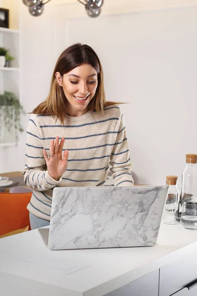 Video Call Cheerful Woman Talking Online Communicator Laptop — Stock Photo, Image