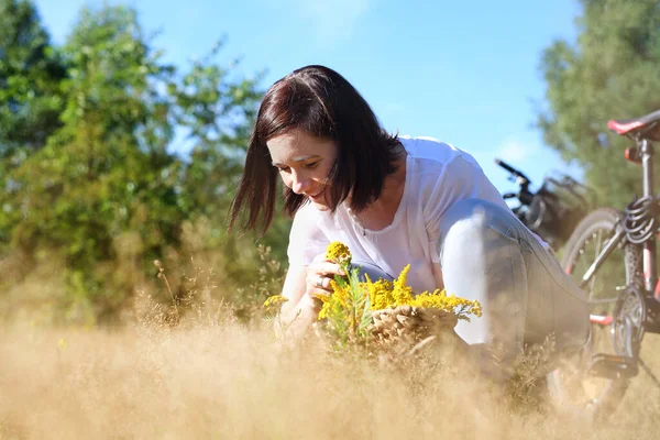 一个女人在草地上采摘黄色的金黄色的草本植物 — 图库照片