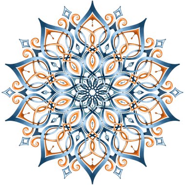 Beyaz izole edilmiş arka planda yuvarlak renkli Mandala. Desenli Tasarım Elementi. Etnik Tılsım. Simetrik desen. Tişörtte parmak izi aranıyor. Çiçek desenli mandala. Yoga şablonu.