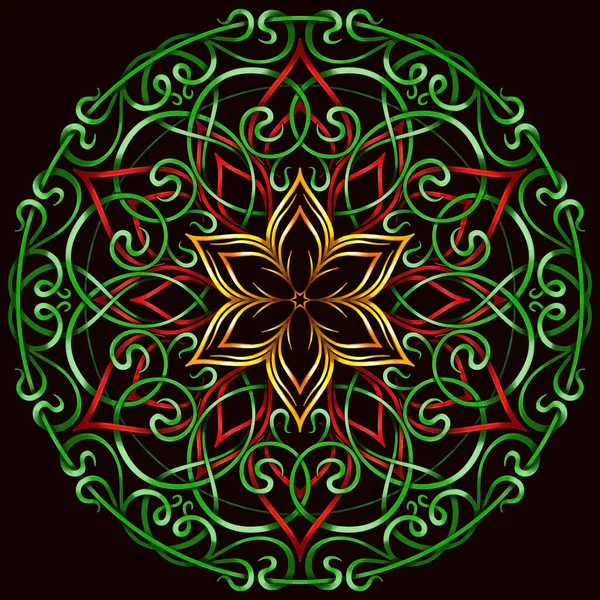 Siyah izole edilmiş arka planda yuvarlak renkli mandala. Çiçek desenli mandala. Yoga şablonu. Desenli Tasarım Elementi. Etnik Tılsım. Simetrik desen. Tişörtte parmak izi aranıyor..
