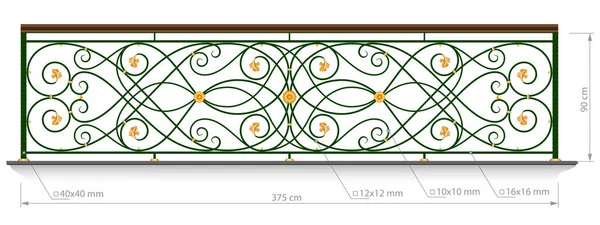 Hamis Erkély Korlát Vektor Kép Dimenzióval Kovácsoltvas Balkon Kerítés Lépcső — Stock Vector