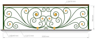 Sahte balkon. Boyutlu korkuluk vektör görüntüsü. Demir parmaklıklar, merdivenler. Sanatsal dövme ızgarası. Dekoratif süs. Soyut girdaplar ve çiçeklerle eşleştirme