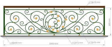 Sahte balkon. Boyutlu korkuluk vektör görüntüsü. Demir parmaklıklar, merdivenler. Sanatsal dövme ızgarası. Dekoratif süs. Soyut girdaplar ve çiçeklerle eşleştirme