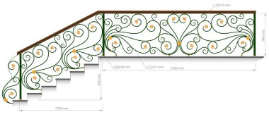 Sahte balkon. Boyutlu korkuluk vektör görüntüsü. Demir parmaklıklar, merdivenler. Sanatsal dövme ızgarası. Dekoratif süs. Soyut girdaplar ve çiçeklerle eşleştirme