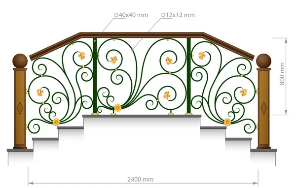 Kovácsoltvas Kerítés Lépcső Korlát Vektor Kép Dimenzióval Művészi Kovácsoló Rács — Stock Vector