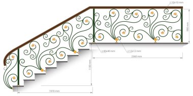 Sahte balkon. Boyutlu korkuluk vektör görüntüsü. Demir balkon çitleri, merdivenler. Sanatsal dövme ızgarası. Dekoratif süs. Soyut girdaplar ve çiçeklerle eşleştirme