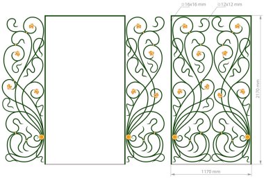 Dekoratif siyah beyaz dövülmüş kapı düz izole edilmiş boyut vektör çizimi. Demir kapı döşedim. Sanatsal dövme ızgarası. Dekoratif süs. Soyut girdaplar ve çiçeklerle birleştir