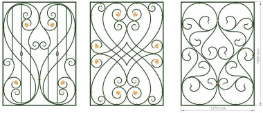 Decorative black white forged gate flat isolated vector illustration with dimension. Wrought iron gate. Artistic forging grating. Decorative ornament. Contour with abstract swirls and flowers clipart