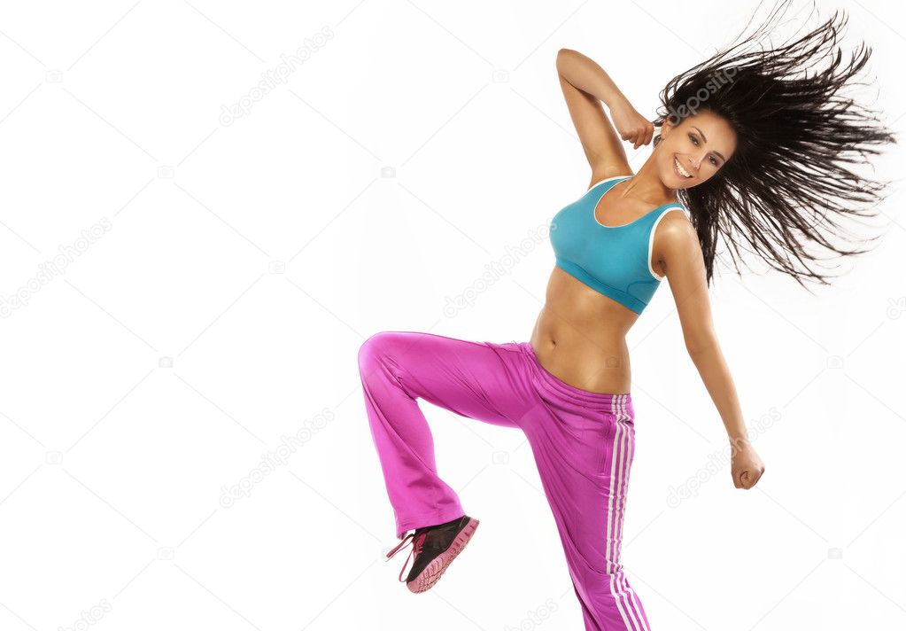 Happy fitness woman jumping, perfect body.
